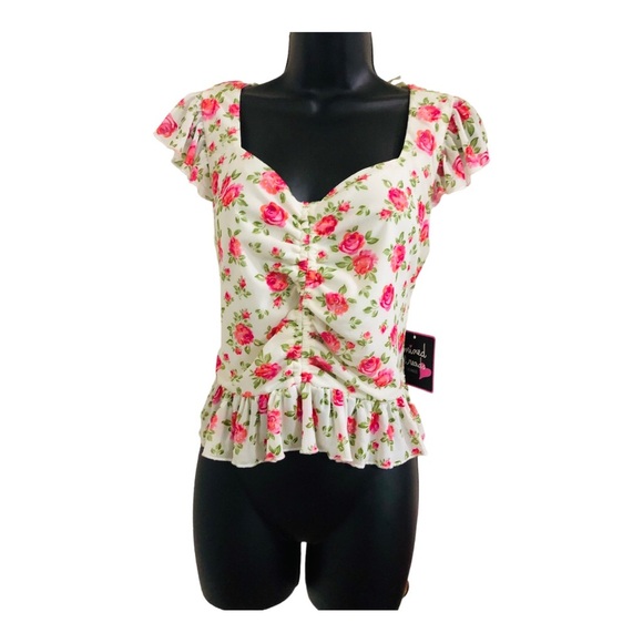 Black pink purple‎ floral peplum shirred front heart neckline blouse size large - Picture 13 of 14